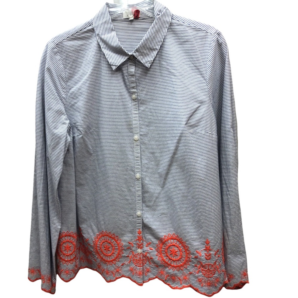 Crown & Ivy top. Button front striped and embroidered. Crisp and clean look
